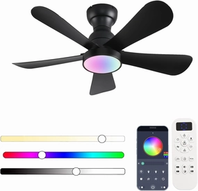 36inch Ceiling Fans with Lights and Remote/App Control, Flush Mount Ceiling Fan with Reversible Dc Motor RGB Dimmable Light, Noiseless Black Modern Small Ceiling Fan for Bedroom Indoor/Outdoor App-controlled remote fan for convenience