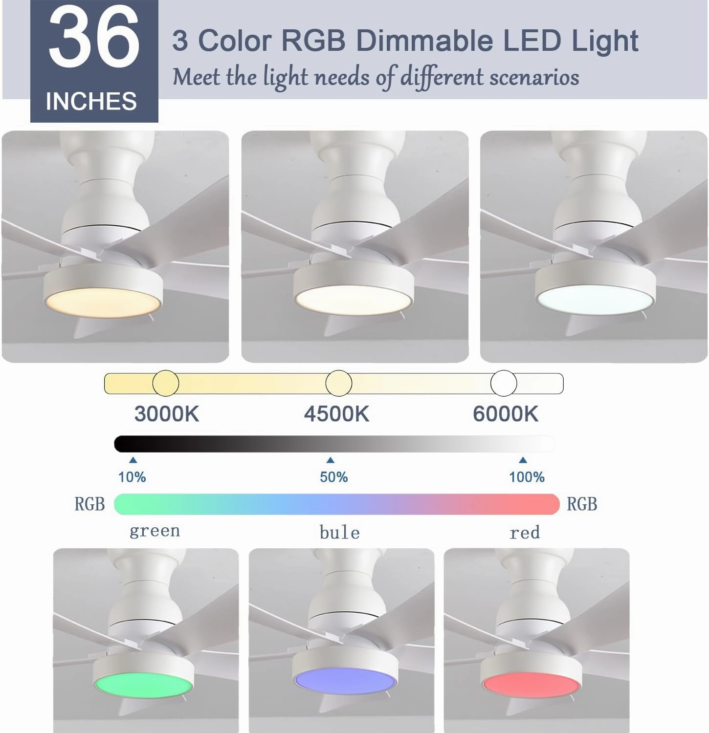 36inch Ceiling Fans with Lights and Remote/App Control, Flush Mount Ceiling Fan With Reversible Dc Motor RGB Dimmable Light, Noiseless White Modern Small Ceiling Fan For Bedroom Indoor/Outdoor