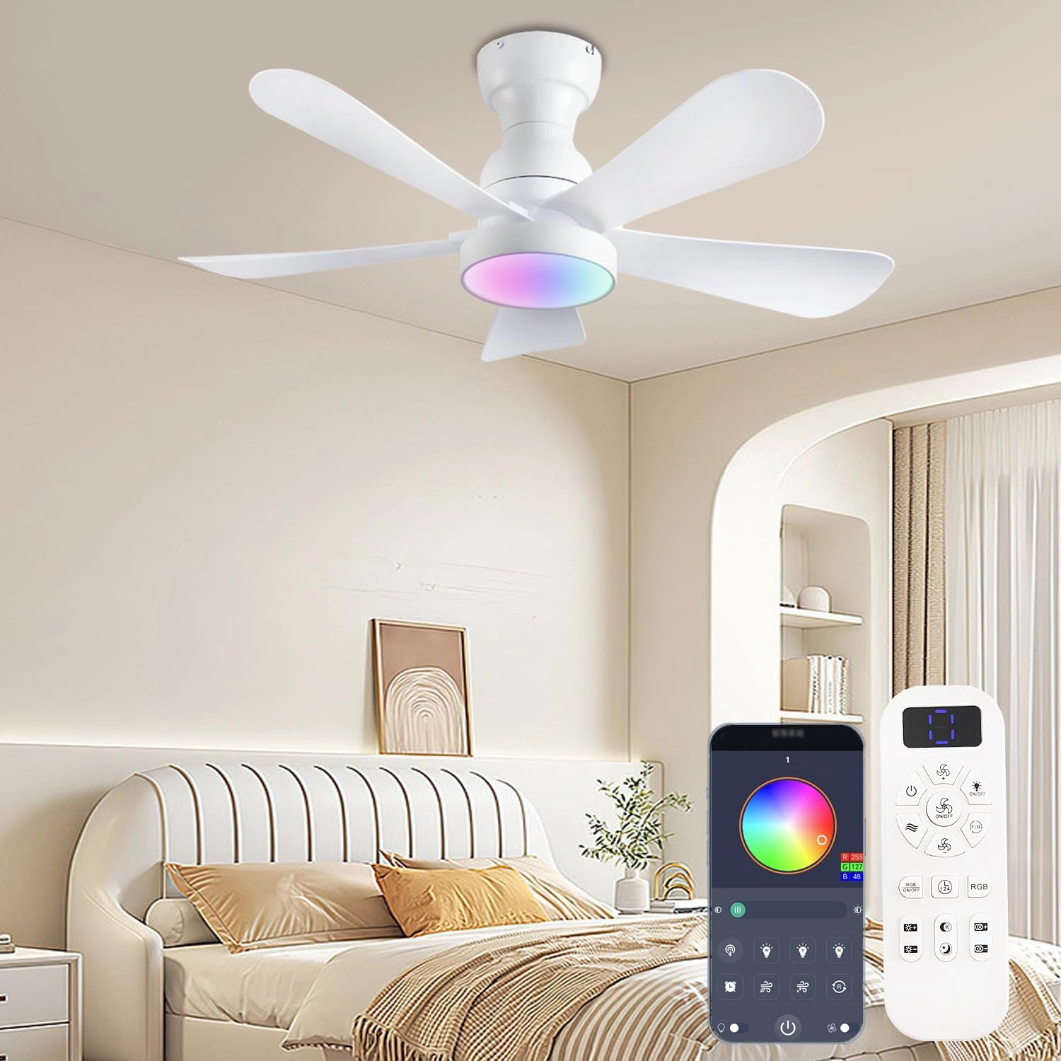 36inch Ceiling Fans with Lights and Remote/App Control, Flush Mount Ceiling Fan With Reversible Dc Motor RGB Dimmable Light, Noiseless White Modern Small Ceiling Fan For Bedroom Indoor/Outdoor App-controlled remote fan for convenience