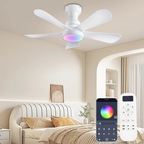 36inch Ceiling Fans with Lights and Remote/App Control, Flush Mount Ceiling Fan With Reversible Dc Motor RGB Dimmable Light, Noiseless White Modern Small Ceiling Fan For Bedroom Indoor/Outdoor App-controlled remote fan for convenience