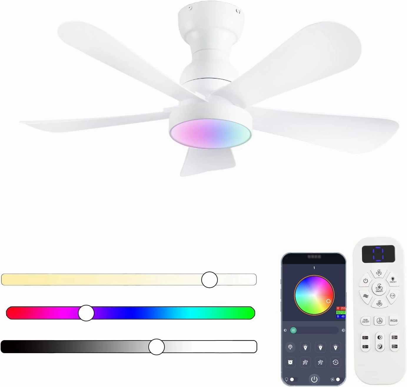 36inch Ceiling Fans with Lights and Remote/App Control, Flush Mount Ceiling Fan With Reversible Dc Motor RGB Dimmable Light, Noiseless White Modern Small Ceiling Fan For Bedroom Indoor/Outdoor