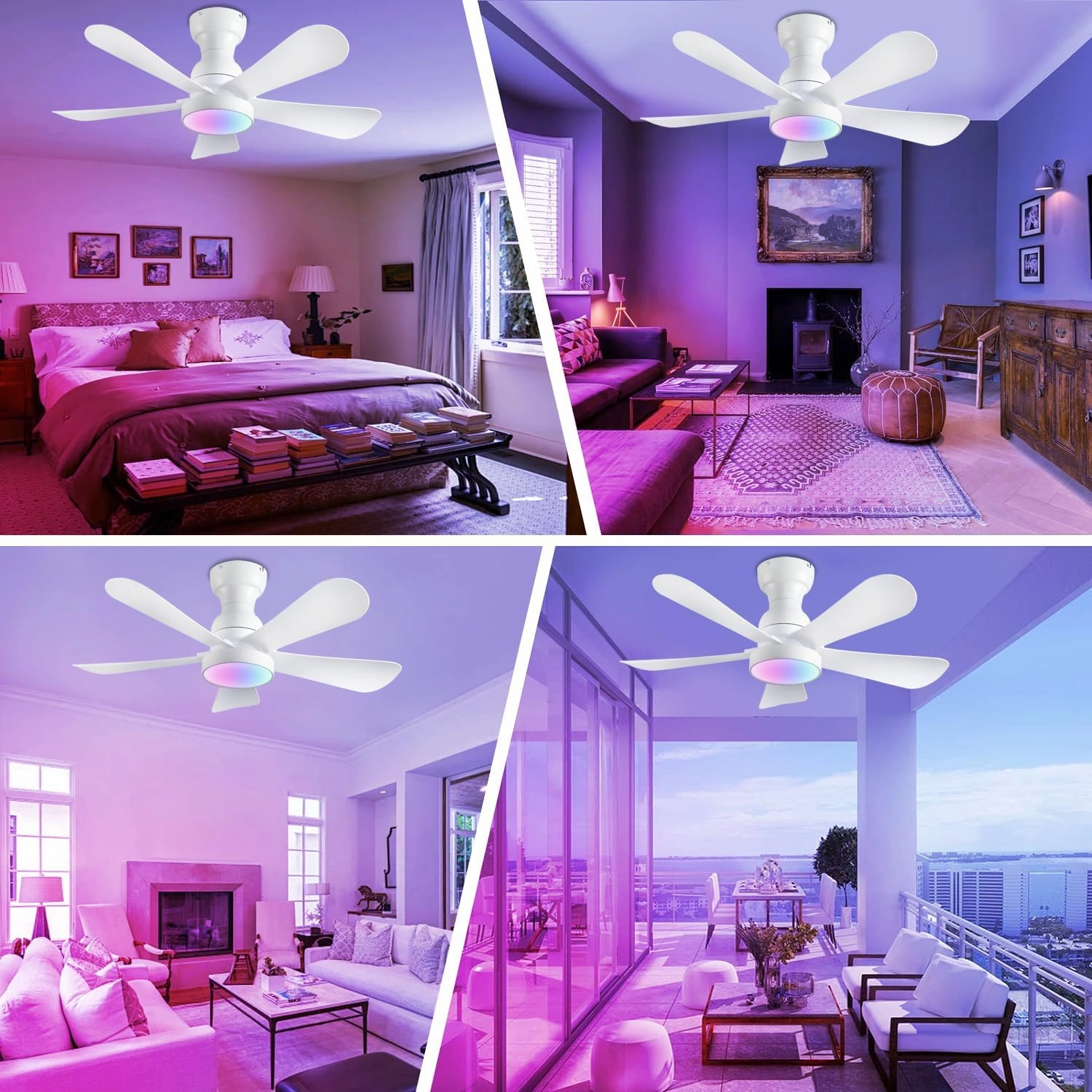 36inch Ceiling Fans with Lights and Remote/App Control, Flush Mount Ceiling Fan With Reversible Dc Motor RGB Dimmable Light, Noiseless White Modern Small Ceiling Fan For Bedroom Indoor/Outdoor
