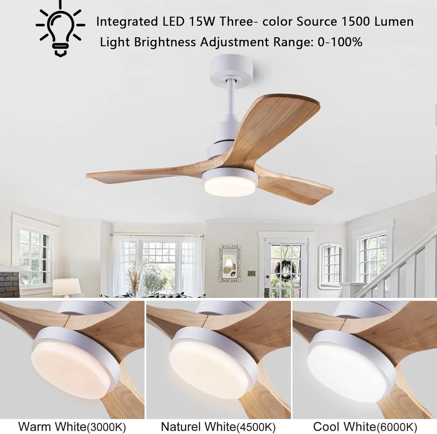 36" Ceiling Fans [with Lighting Remote Control], Indoor Outdoor Modern Wooden Ceiling Fan [with 3 Solid Wood Blades] for Kids' Rooms, bedrooms, Offices and More.