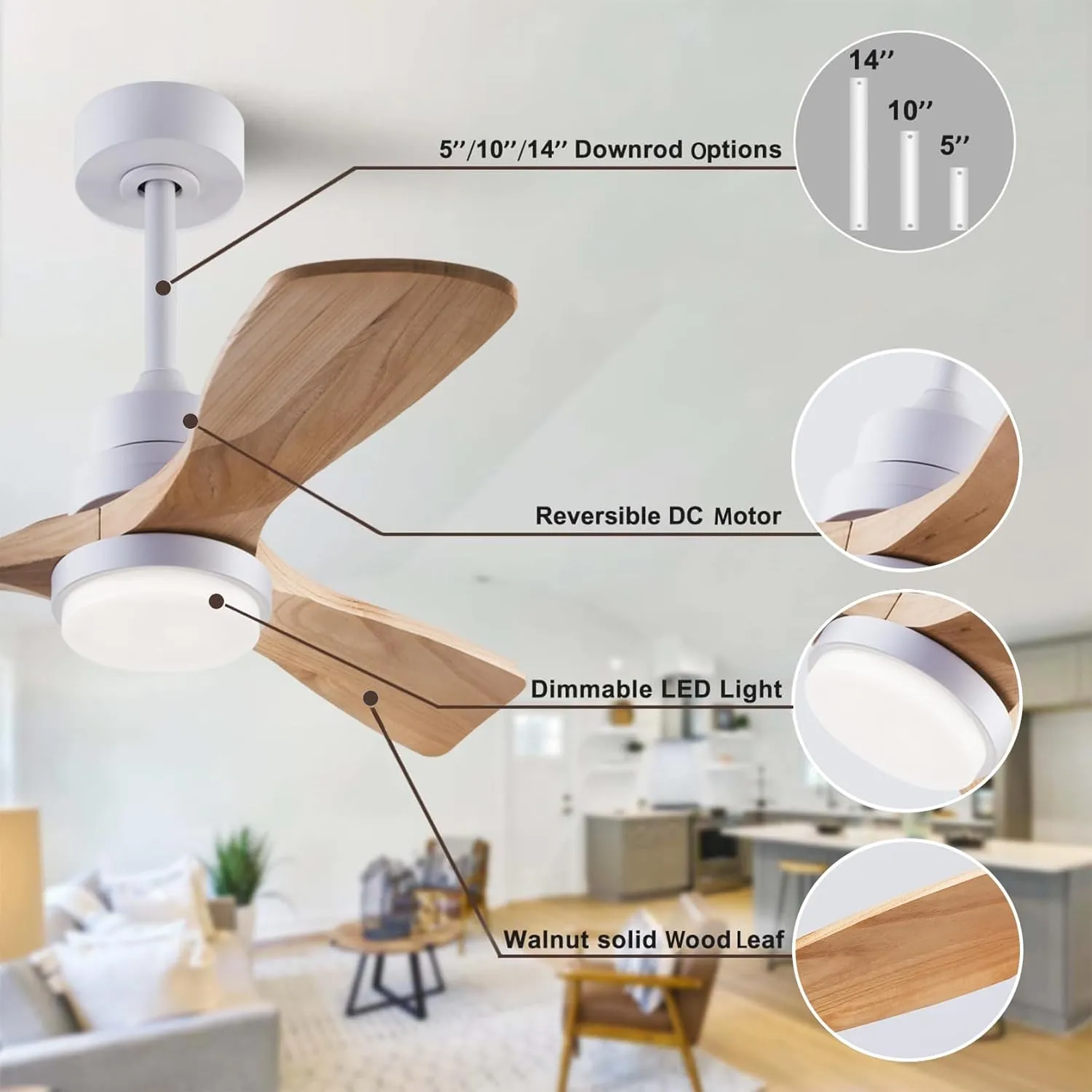 36" Ceiling Fans [with Lighting Remote Control], Indoor Outdoor Modern Wooden Ceiling Fan [with 3 Solid Wood Blades] for Kids' Rooms, bedrooms, Offices and More.