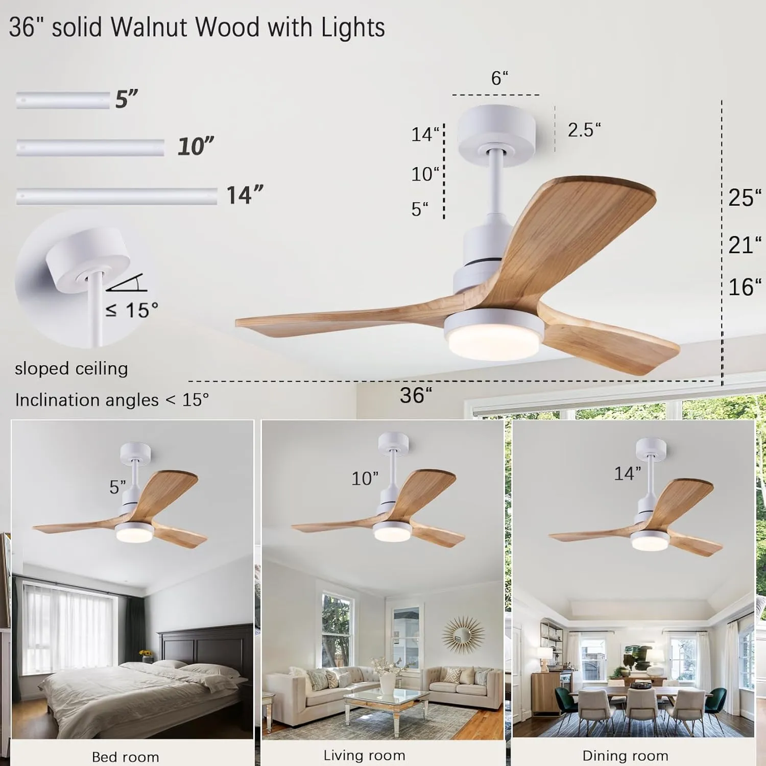 36" Ceiling Fans [with Lighting Remote Control], Indoor Outdoor Modern Wooden Ceiling Fan [with 3 Solid Wood Blades] for Kids' Rooms, bedrooms, Offices and More.