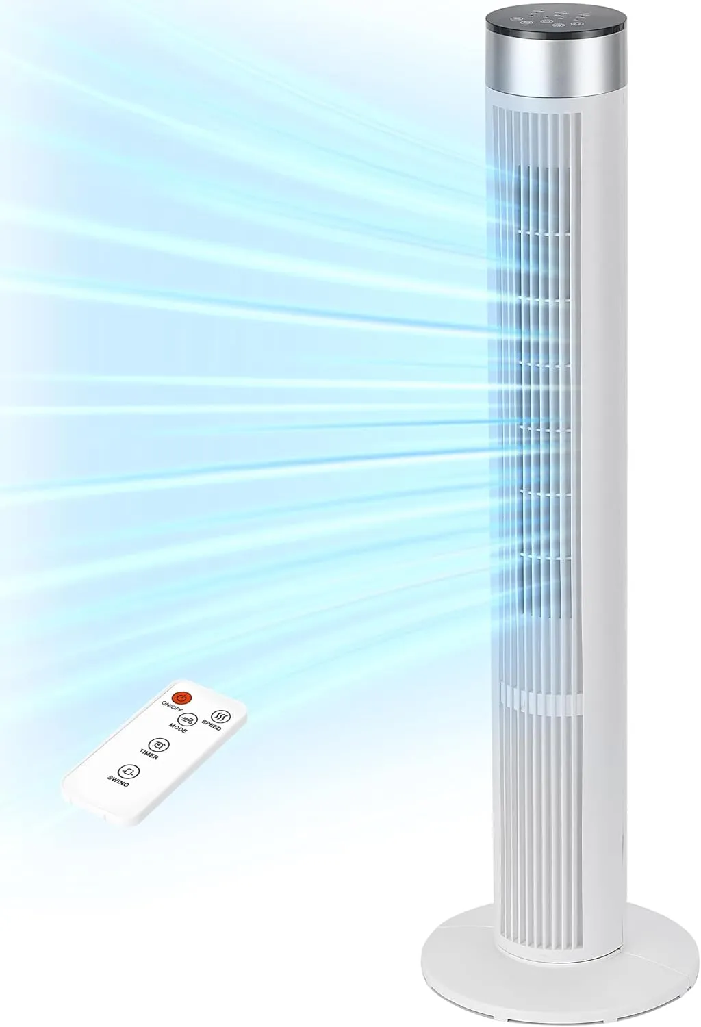 38 Inch Tower Fan for Bedroom, 24ft/s Fan with Remote, 80 Oscillating Bladeless Standing Fan with 3 Speeds, 3 Modes, 7.5H Timer for Room, Bedroom, Office, White Tower bladeless fan for modern homes