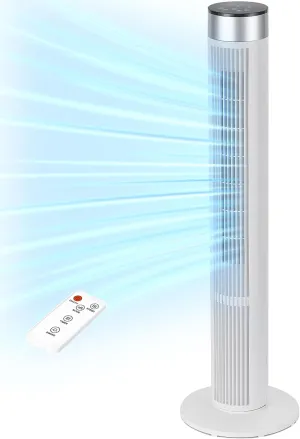 38 Inch Tower Fan for Bedroom, 24ft/s Fan with Remote, 80 Oscillating Bladeless Standing Fan with 3 Speeds, 3 Modes, 7.5H Timer for Room, Bedroom, Office, White Tower bladeless fan for modern homes