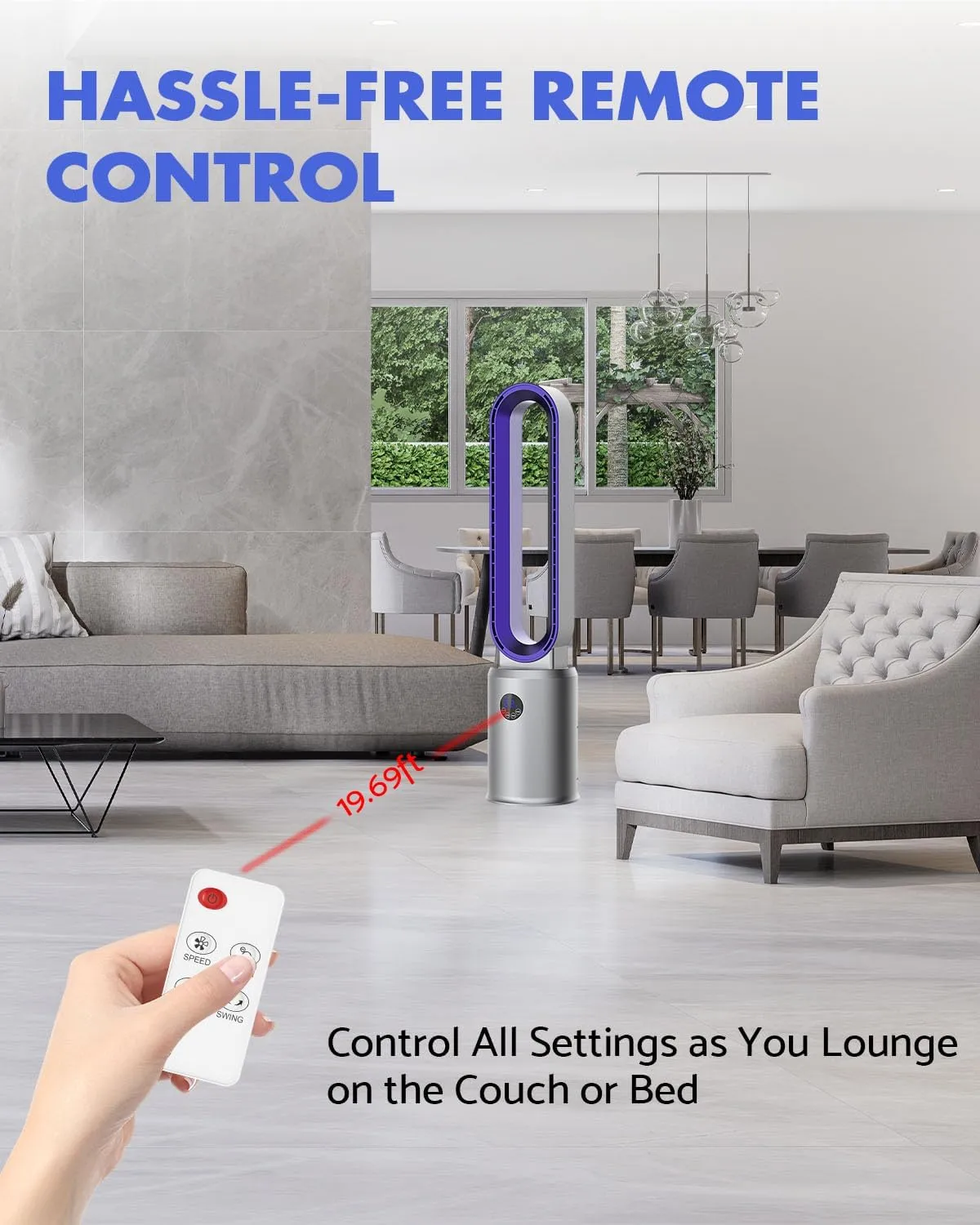 38" Bladeless Fan, Bladeless Tower Fan with Remote, 24 Speeds, 12 Hour Timer, 60Oscillation, Easy to Clean, Quiet Cooling Fan for Home Office Bedroom (Purple)