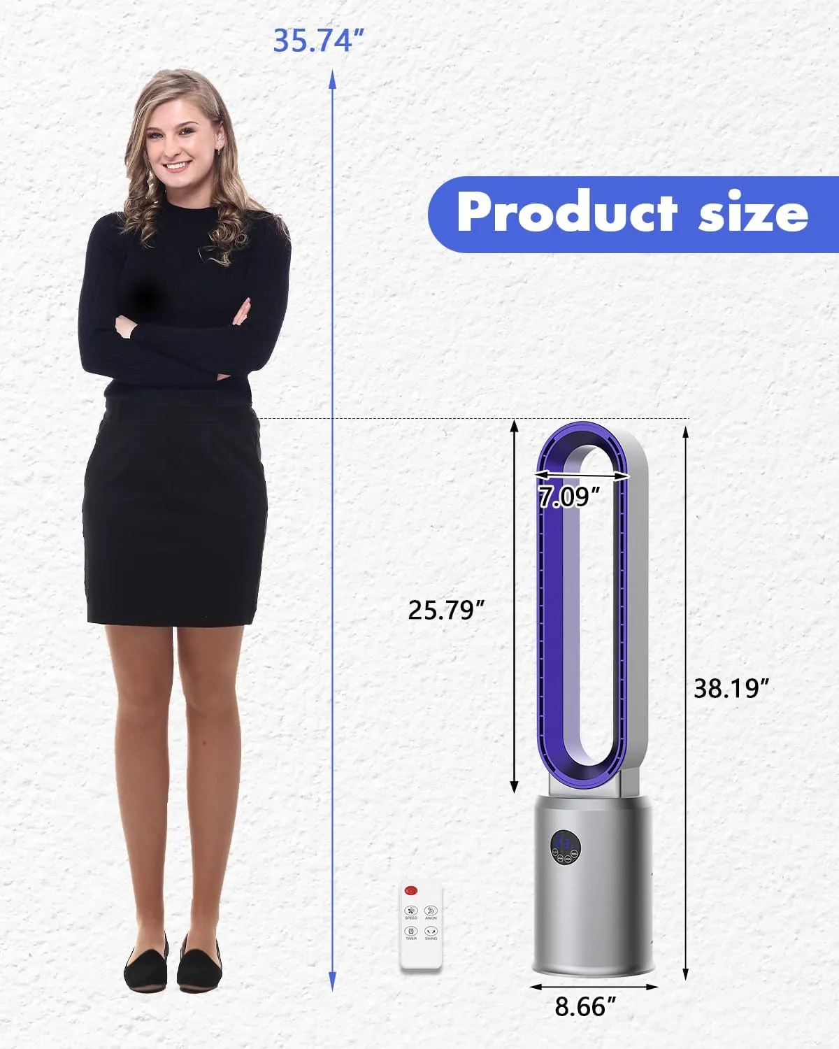 38" Bladeless Fan, Bladeless Tower Fan with Remote, 24 Speeds, 12 Hour Timer, 60Oscillation, Easy to Clean, Quiet Cooling Fan for Home Office Bedroom (Purple)
