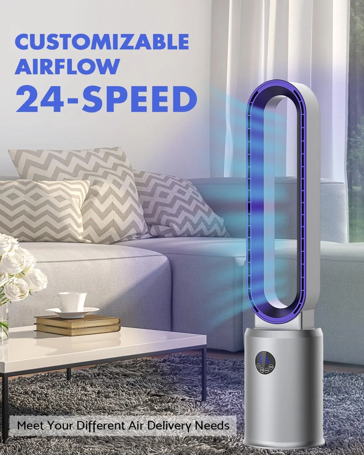 38" Bladeless Fan, Bladeless Tower Fan with Remote, 24 Speeds, 12 Hour Timer, 60Oscillation, Easy to Clean, Quiet Cooling Fan for Home Office Bedroom (Purple)