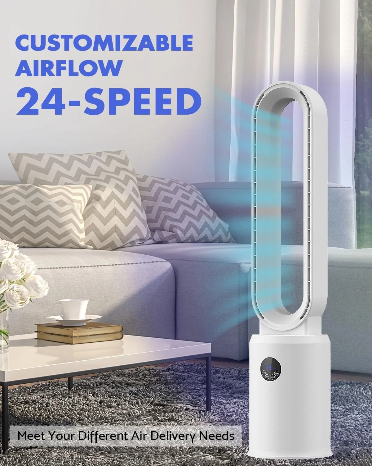 38" Bladeless Fan, Bladeless Tower Fan with Remote, 24 Speeds, 12 Hour Timer, 60Oscillation, Easy to Clean, Quiet Cooling Fan for Home Office Bedroom (Silver)