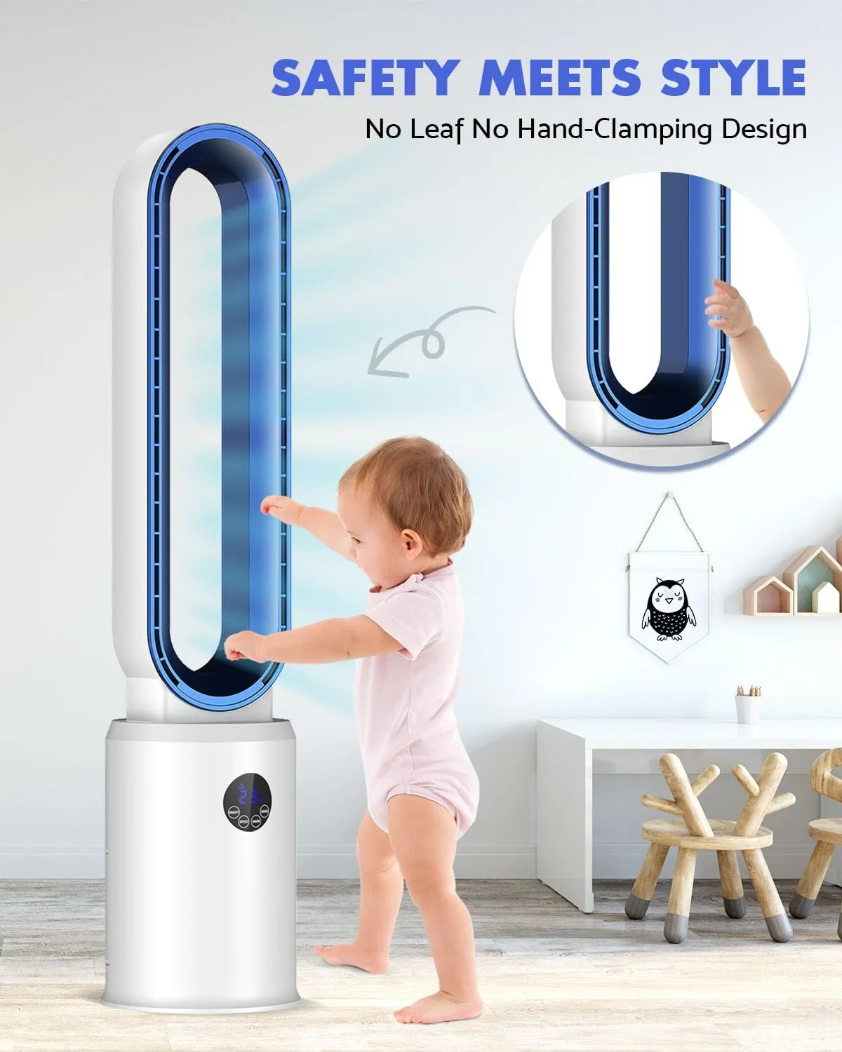 38" Bladeless Fan, Bladeless Tower Fan with Remote, 24 Speeds, 12 Hour Timer, 60Oscillation, Easy to Clean, Quiet Cooling Fan for Home Office Bedroom (White Blue)