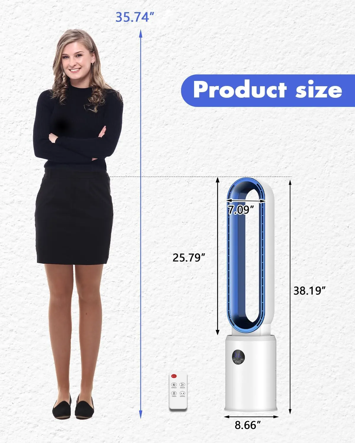 38" Bladeless Fan, Bladeless Tower Fan with Remote, 24 Speeds, 12 Hour Timer, 60Oscillation, Easy to Clean, Quiet Cooling Fan for Home Office Bedroom (White Blue)