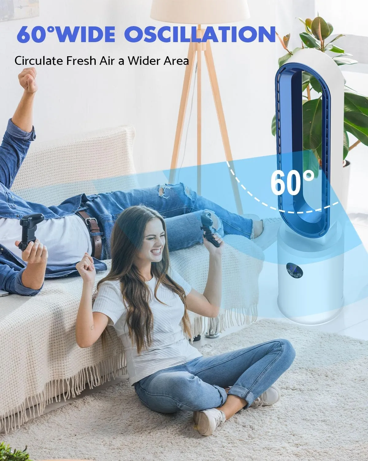 38" Bladeless Fan, Bladeless Tower Fan with Remote, 24 Speeds, 12 Hour Timer, 60Oscillation, Easy to Clean, Quiet Cooling Fan for Home Office Bedroom (White Blue)