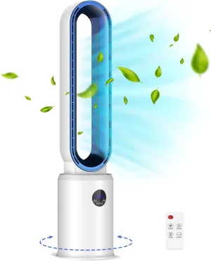 38" Bladeless Fan, Bladeless Tower Fan with Remote, 24 Speeds, 12 Hour Timer, 60Oscillation, Easy to Clean, Quiet Cooling Fan for Home Office Bedroom (White Blue) Tower bladeless fan for modern homes
