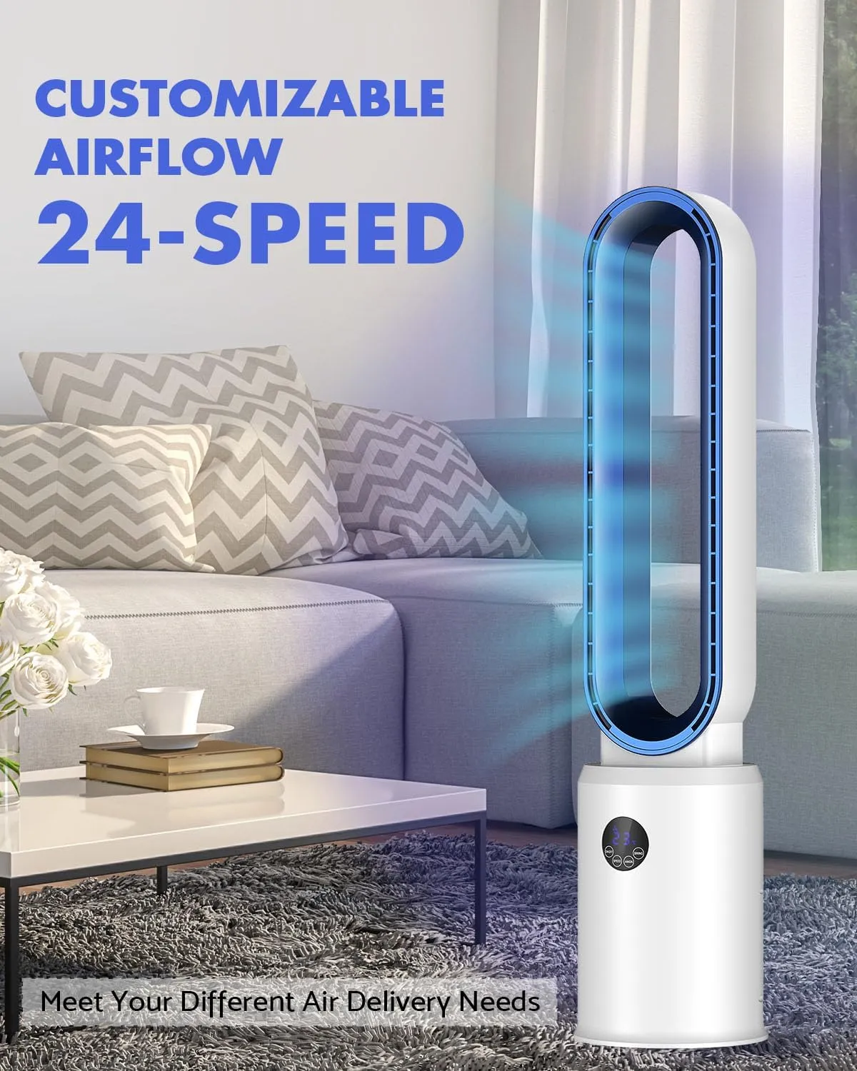 38" Bladeless Fan, Bladeless Tower Fan with Remote, 24 Speeds, 12 Hour Timer, 60Oscillation, Easy to Clean, Quiet Cooling Fan for Home Office Bedroom (White Blue)