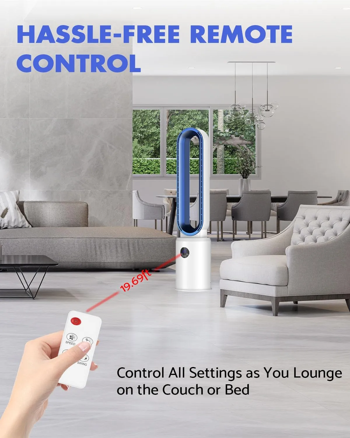 38" Bladeless Fan, Bladeless Tower Fan with Remote, 24 Speeds, 12 Hour Timer, 60Oscillation, Easy to Clean, Quiet Cooling Fan for Home Office Bedroom (White Blue)