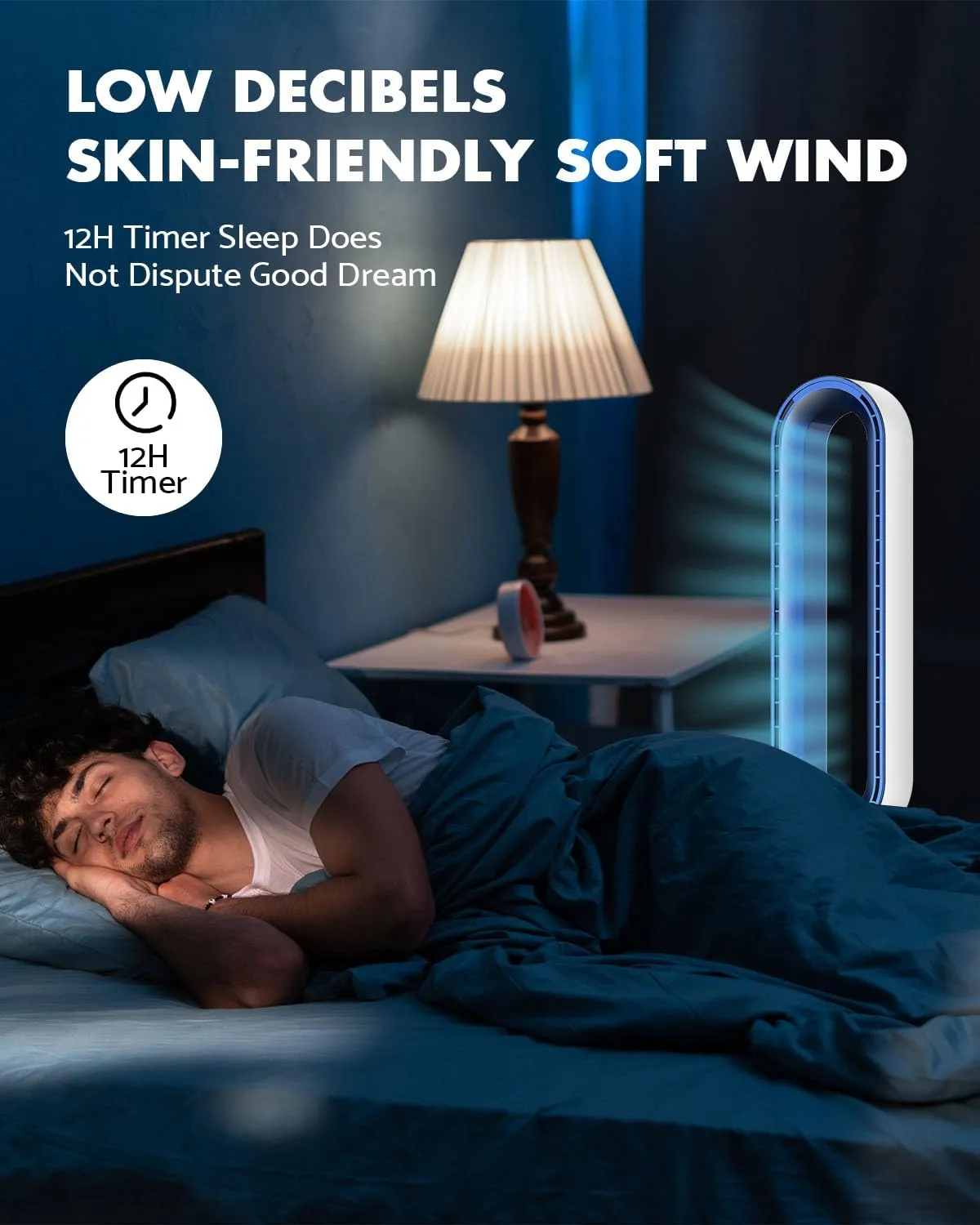 38" Bladeless Fan, Bladeless Tower Fan with Remote, 24 Speeds, 12 Hour Timer, 60Oscillation, Easy to Clean, Quiet Cooling Fan for Home Office Bedroom (White Blue)