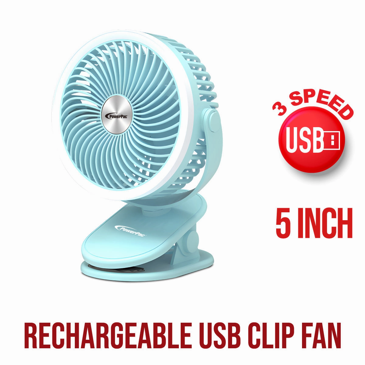 3" Clip & Table Fan  USB, Rechargeable, Portable Wireless, 360 Adjustable Tilt, LED lights, Compact, 3-Speed, blue, PPUF226