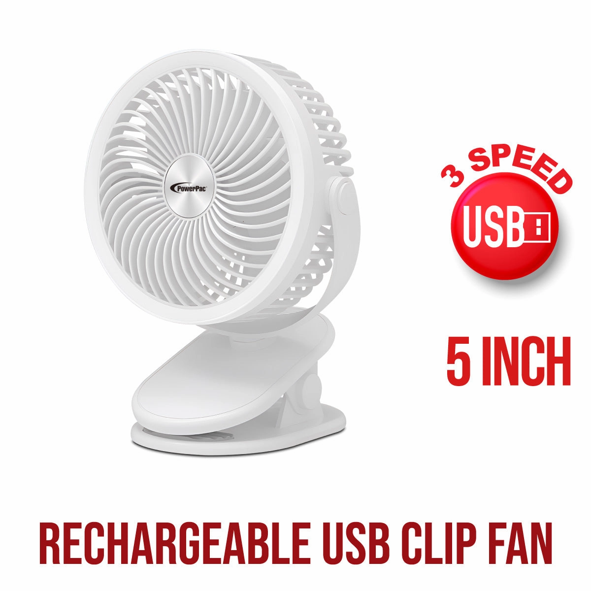 3" Clip & Table Fan  USB, Rechargeable, Portable Wireless, 360 Adjustable Tilt, LED lights, Compact, 3-Speed, white, PPUF226