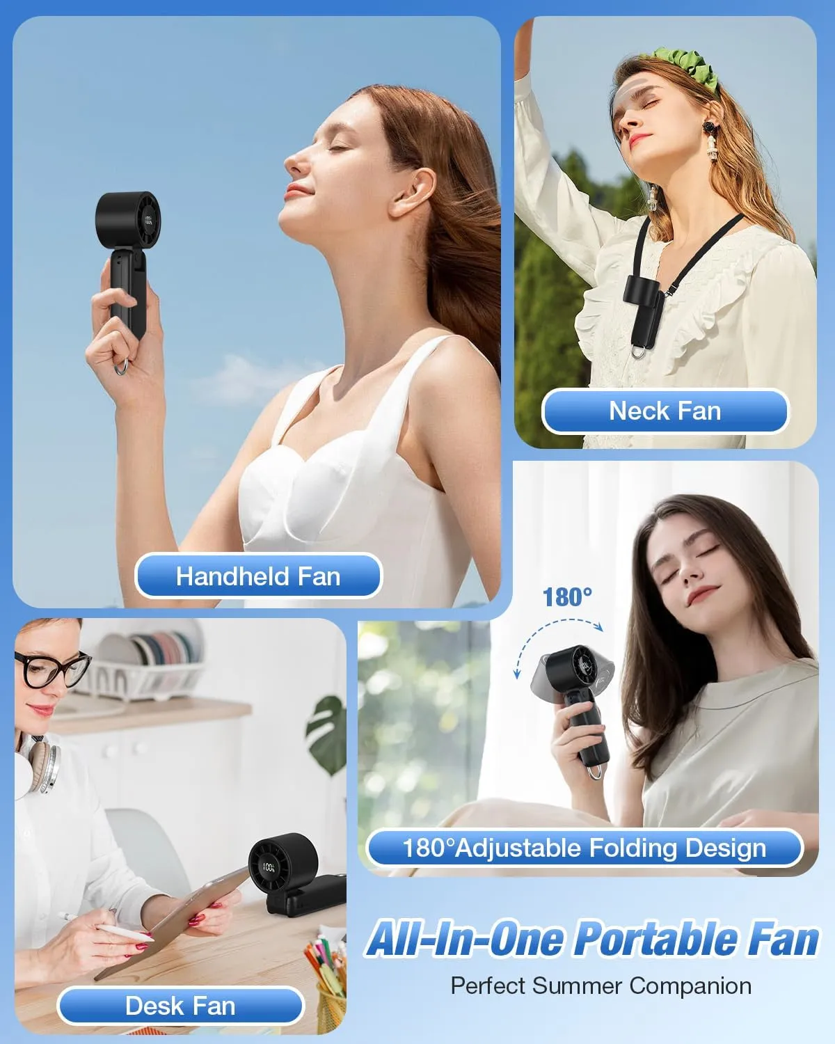 4 in 1 Handheld Portable Turbo Fan, 180 Foldable 6-Speed (1-100) Mini Fan, 5000mAh Rechargeable Battery Operated up to 15 Working Hours, LED Display Personal Cooling for Travel Indoor Outdoor Beige