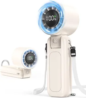 4 in 1 Handheld Portable Turbo Fan, 180 Foldable 6-Speed (1-100) Mini Fan, 5000mAh Rechargeable Battery Operated up to 15 Working Hours, LED Display Personal Cooling for Travel Indoor Outdoor Beige Neck fan for hands-free comfort