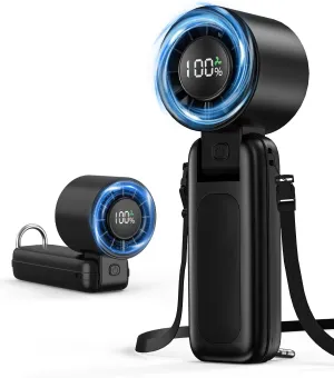 4 in 1 Handheld Portable Turbo Fan, 180 Foldable 6-Speed (1-100) Mini Fan, 5000mAh Rechargeable Battery Operated up to 15 Working Hours, LED Display Personal Cooling for Travel Indoor Outdoor Black Battery-powered portable fan