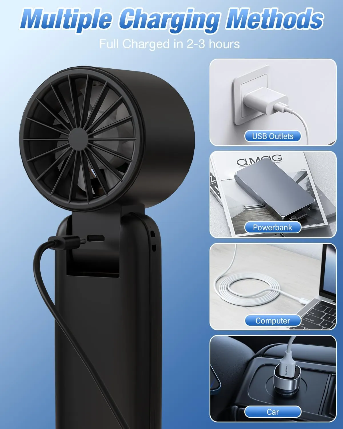 4 in 1 Handheld Portable Turbo Fan, 180 Foldable 6-Speed (1-100) Mini Fan, 5000mAh Rechargeable Battery Operated up to 15 Working Hours, LED Display Personal Cooling for Travel Indoor Outdoor Black