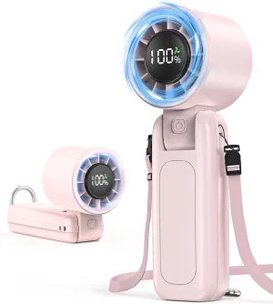 4 in 1 Handheld Portable Turbo Fan, 180 Foldable 6-Speed (1-100) Mini Fan, 5000mAh Rechargeable Battery Operated up to 15 Working Hours, LED Display Personal Cooling for Travel Indoor Outdoor Pink Battery-powered portable fan