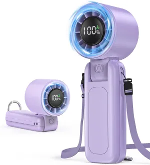 4 in 1 Handheld Portable Turbo Fan, 180 Foldable 6-Speed (1-100) Mini Fan, 5000mAh Rechargeable Battery Operated up to 15 Working Hours, LED Display Personal Cooling for Travel Indoor Outdoor Purple Battery-powered portable fan