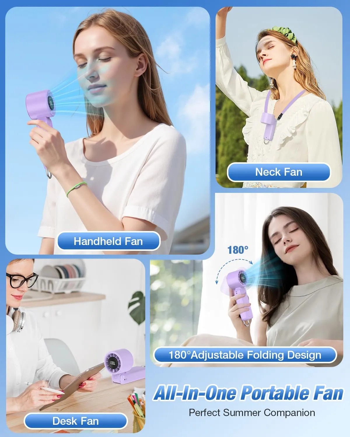 4 in 1 Handheld Portable Turbo Fan, 180 Foldable 6-Speed (1-100) Mini Fan, 5000mAh Rechargeable Battery Operated up to 15 Working Hours, LED Display Personal Cooling for Travel Indoor Outdoor Purple
