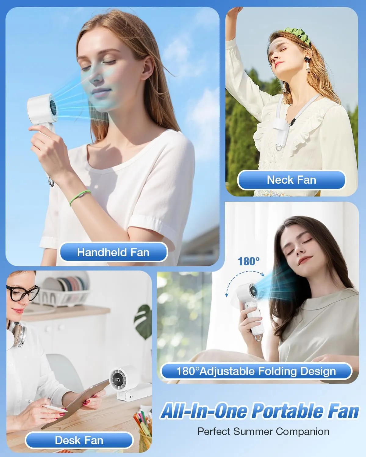 4 in 1 Handheld Portable Turbo Fan, 180 Foldable 6-Speed (1-100) Mini Fan, 5000mAh Rechargeable Battery Operated up to 15 Working Hours, LED Display Personal Cooling for Travel Indoor Outdoor White