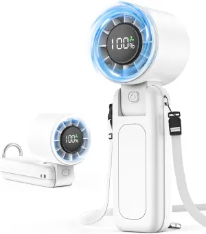 4 in 1 Handheld Portable Turbo Fan, 180 Foldable 6-Speed (1-100) Mini Fan, 5000mAh Rechargeable Battery Operated up to 15 Working Hours, LED Display Personal Cooling for Travel Indoor Outdoor White Battery-powered portable fan