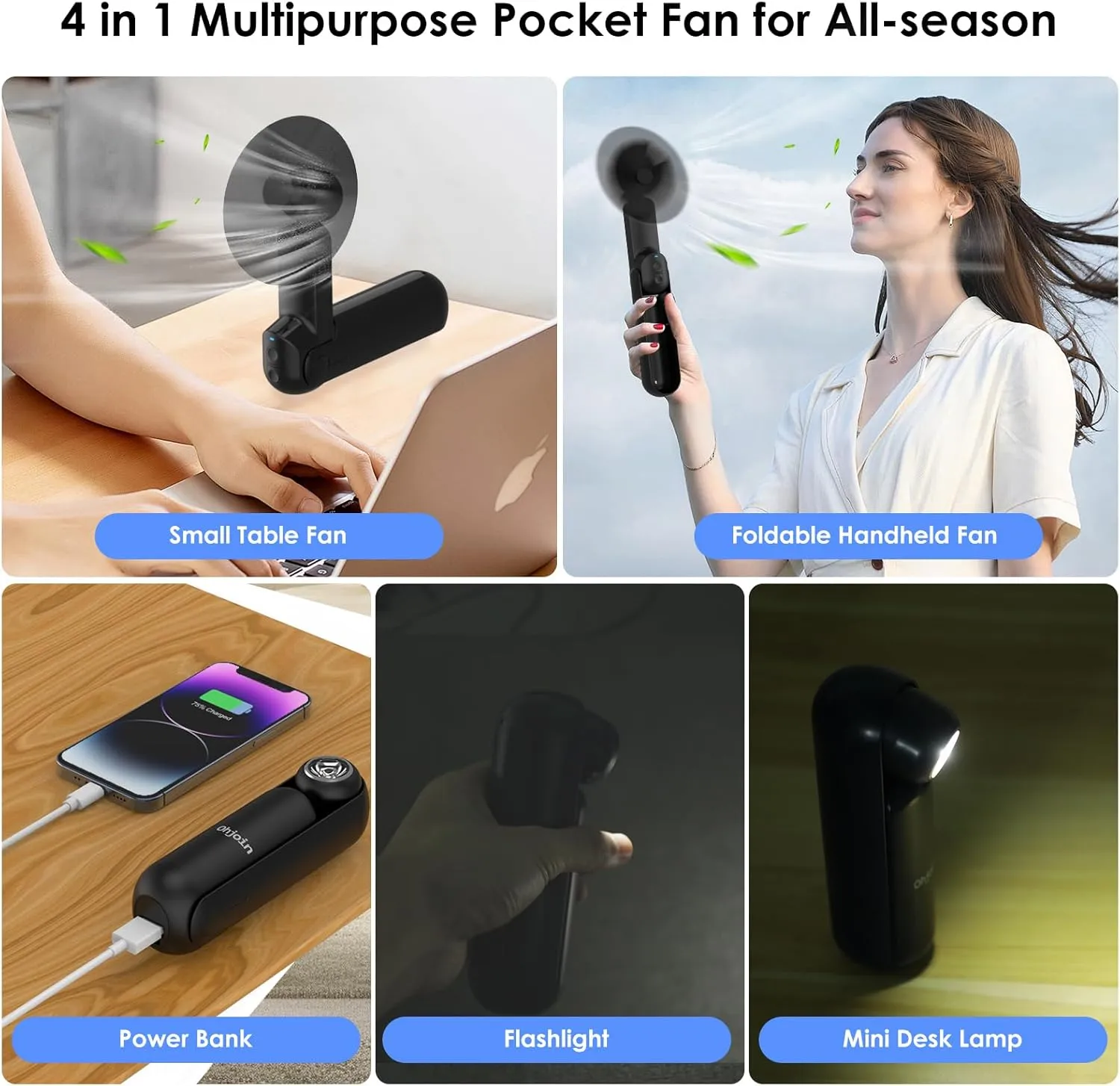 4 IN 1 Portable Mini Handheld Fan,Personal Foldable Pocket Travel Fan,Small Hand Fan for Face Lash,USB Rechargeable,Summer Concerts, Birthday Gifts for Women Men (Black)
