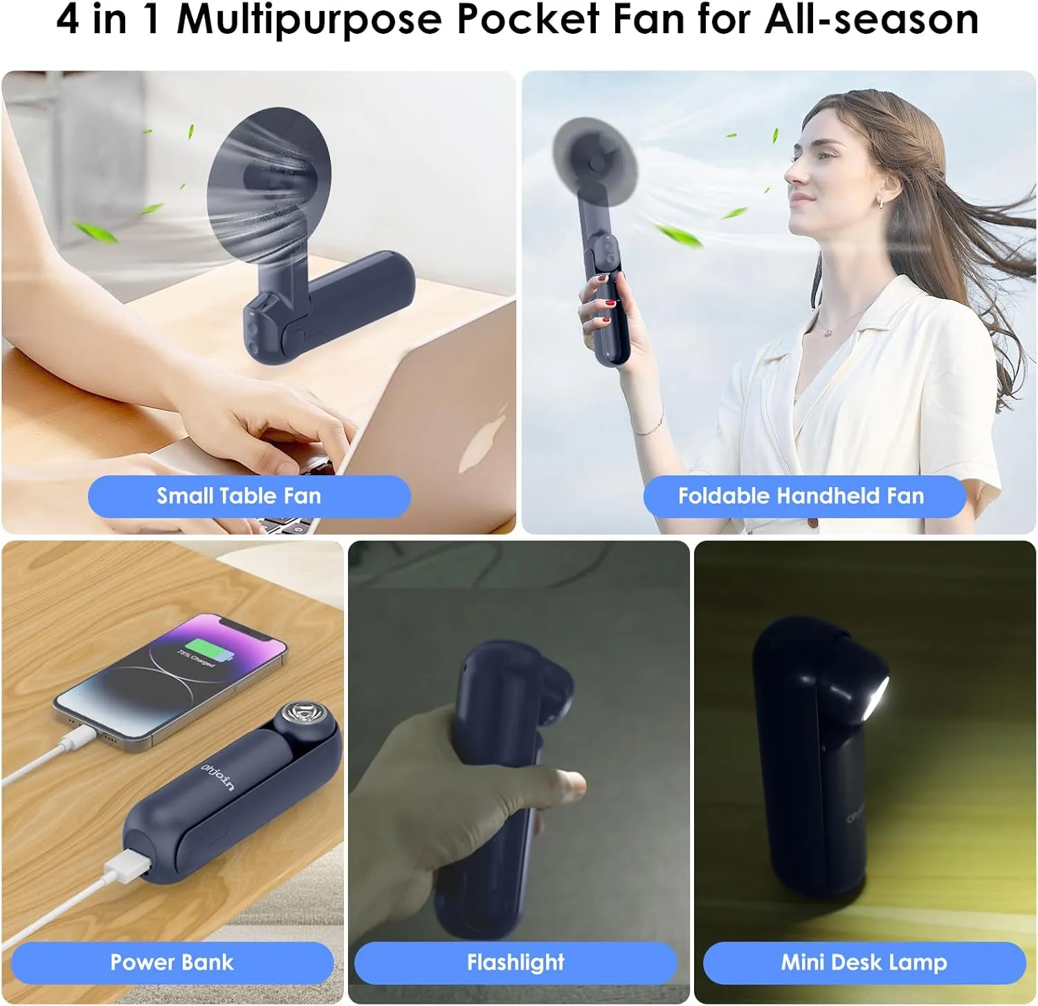 4 IN 1 Portable Mini Handheld Fan,Personal Foldable Pocket Travel Fan,Small Hand Fan for Face Lash,USB Rechargeable,Summer Concerts, Birthday Gifts for Women Men (Blue)