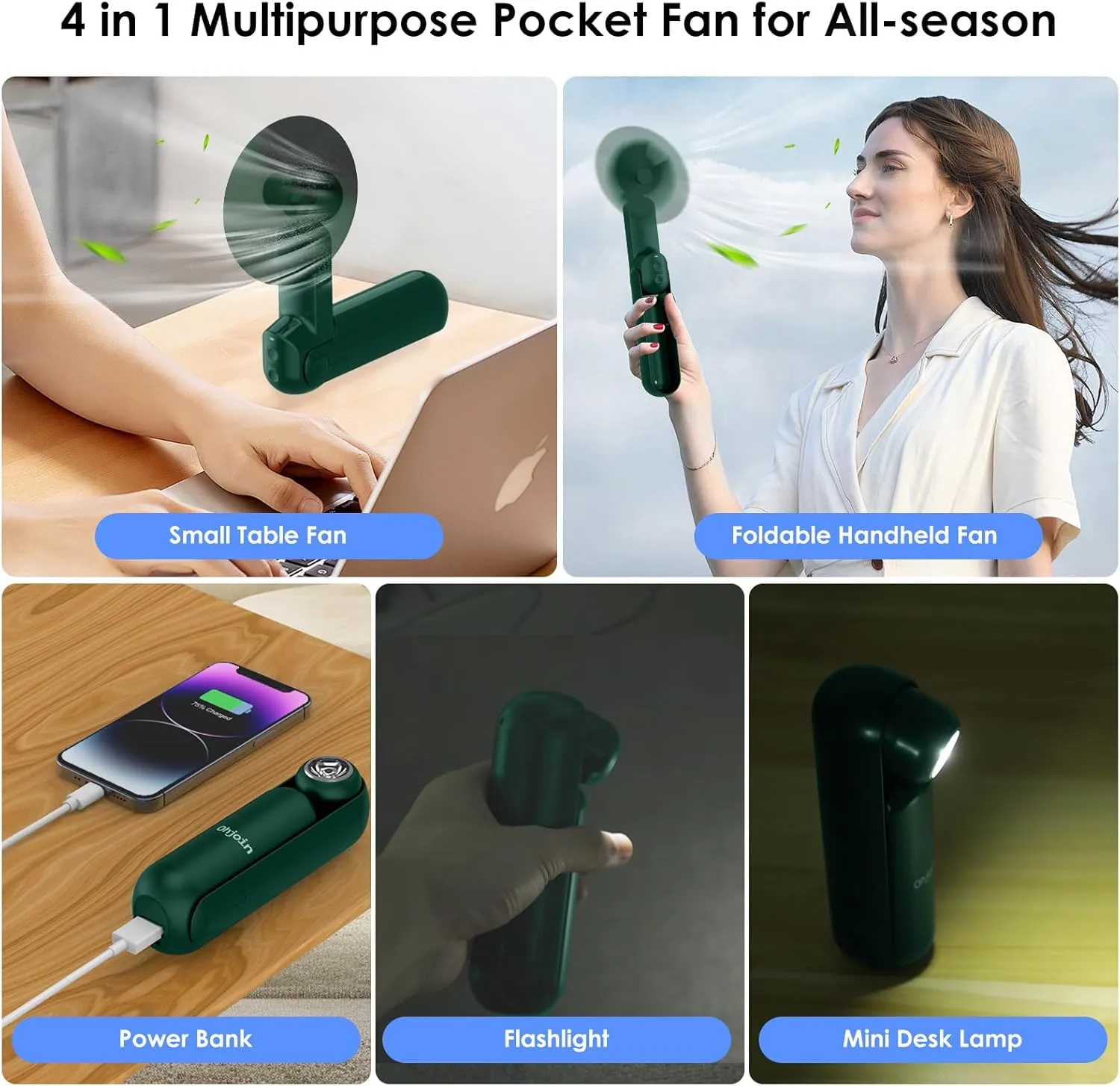 4 IN 1 Portable Mini Handheld Fan,Personal Foldable Pocket Travel Fan,Small Hand Fan for Face Lash,USB Rechargeable,Summer Concerts, Birthday Gifts for Women Mom (Dark Green)