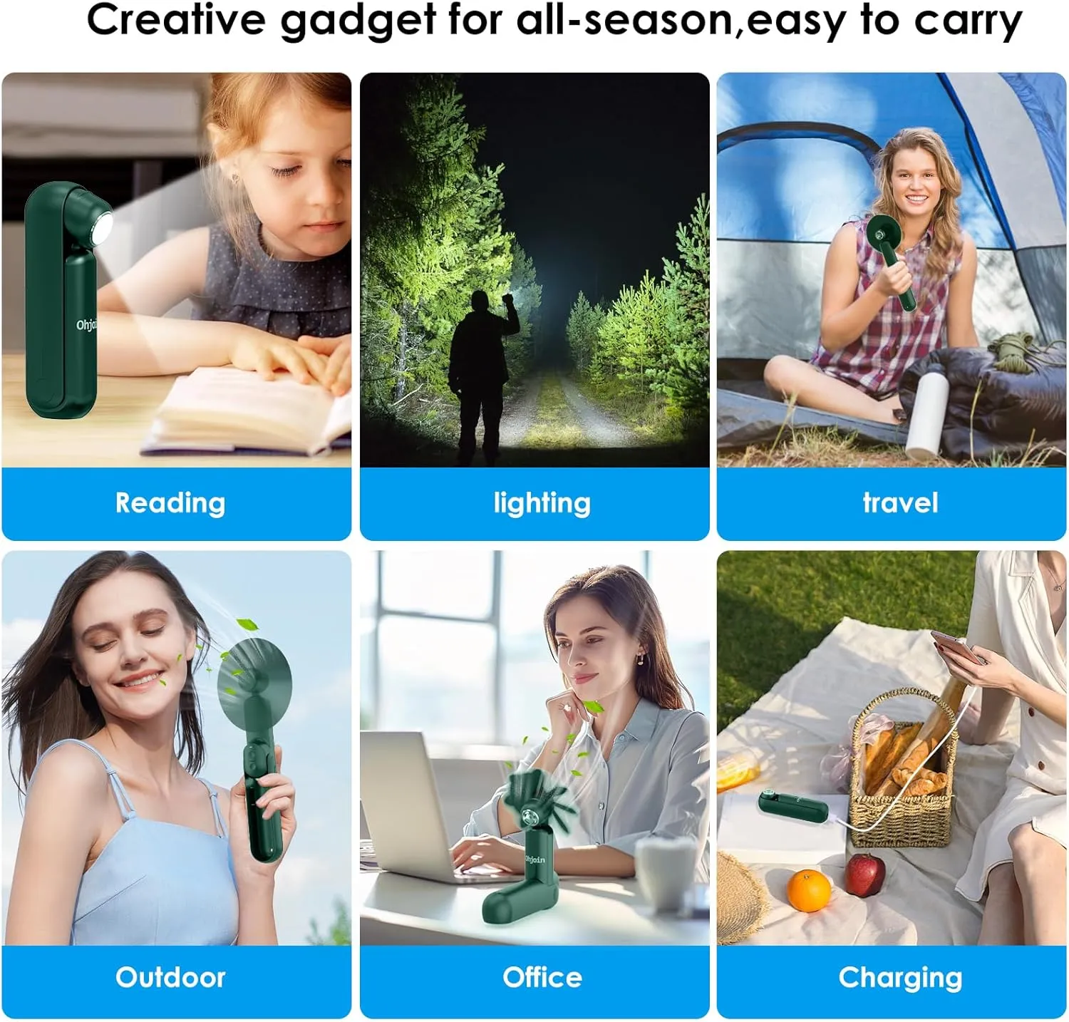 4 IN 1 Portable Mini Handheld Fan,Personal Foldable Pocket Travel Fan,Small Hand Fan for Face Lash,USB Rechargeable,Summer Concerts, Birthday Gifts for Women Mom (Dark Green)