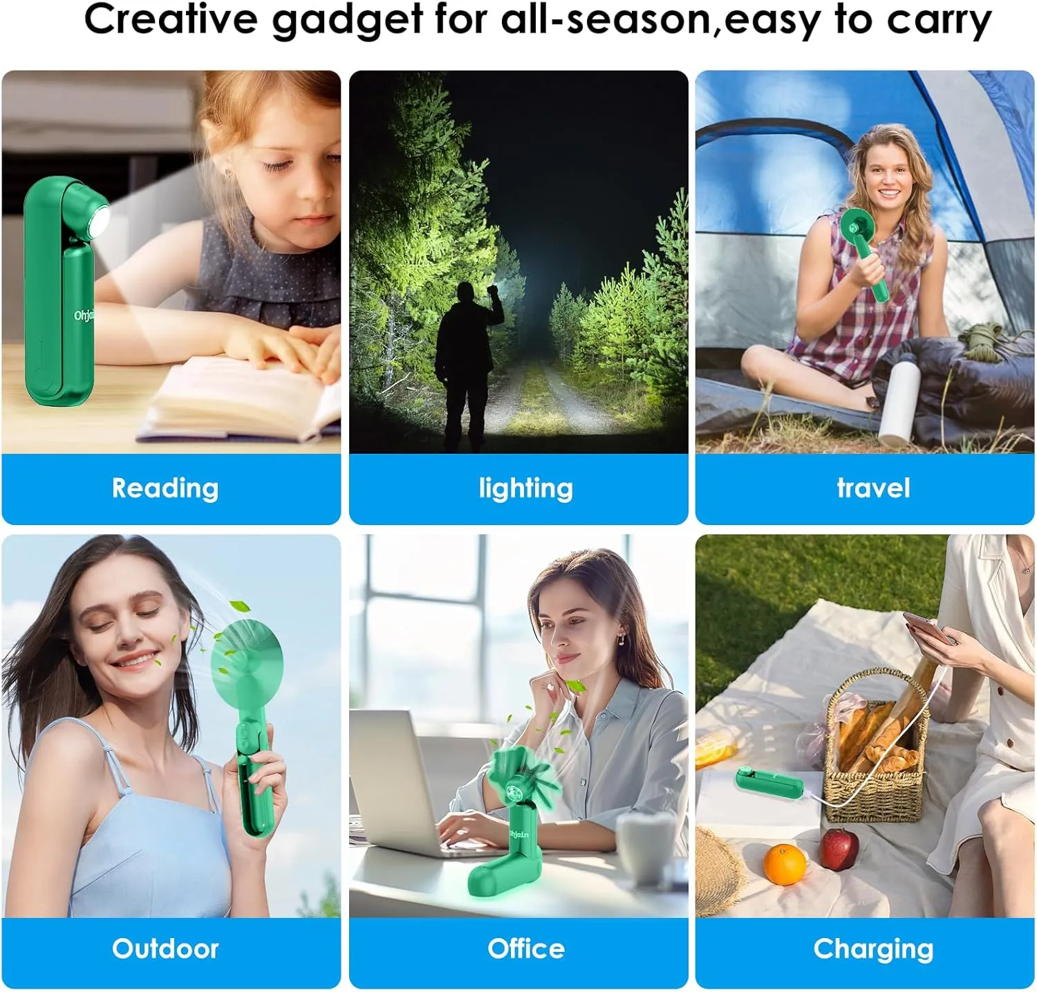 4 IN 1 Portable Mini Handheld Fan,Personal Foldable Pocket Travel Fan,Small Hand Fan for Face Lash,USB Rechargeable,Summer Concerts, Birthday Gifts for Women Mom (Green)