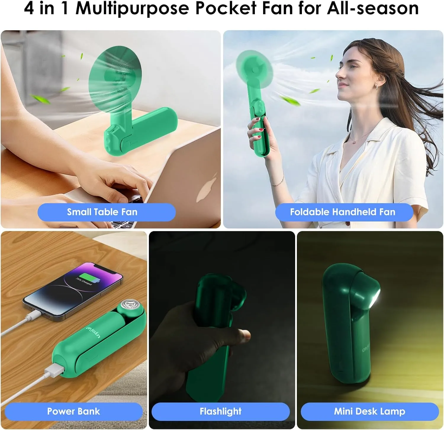 4 IN 1 Portable Mini Handheld Fan,Personal Foldable Pocket Travel Fan,Small Hand Fan for Face Lash,USB Rechargeable,Summer Concerts, Birthday Gifts for Women Mom (Green)