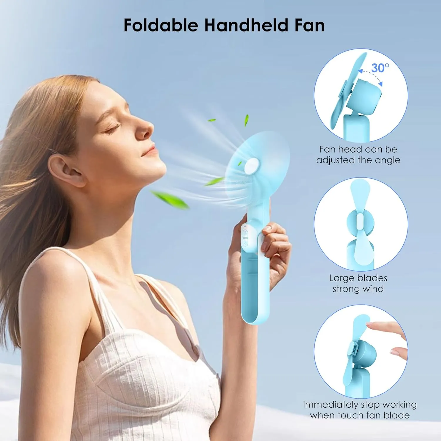 4 IN 1 Portable Mini Handheld Fan,Personal Foldable Pocket Travel Fan,Small Hand Fan for Face Lash,USB Rechargeable,Summer Concerts, Birthday Gifts for Women Mom (Light Blue)
