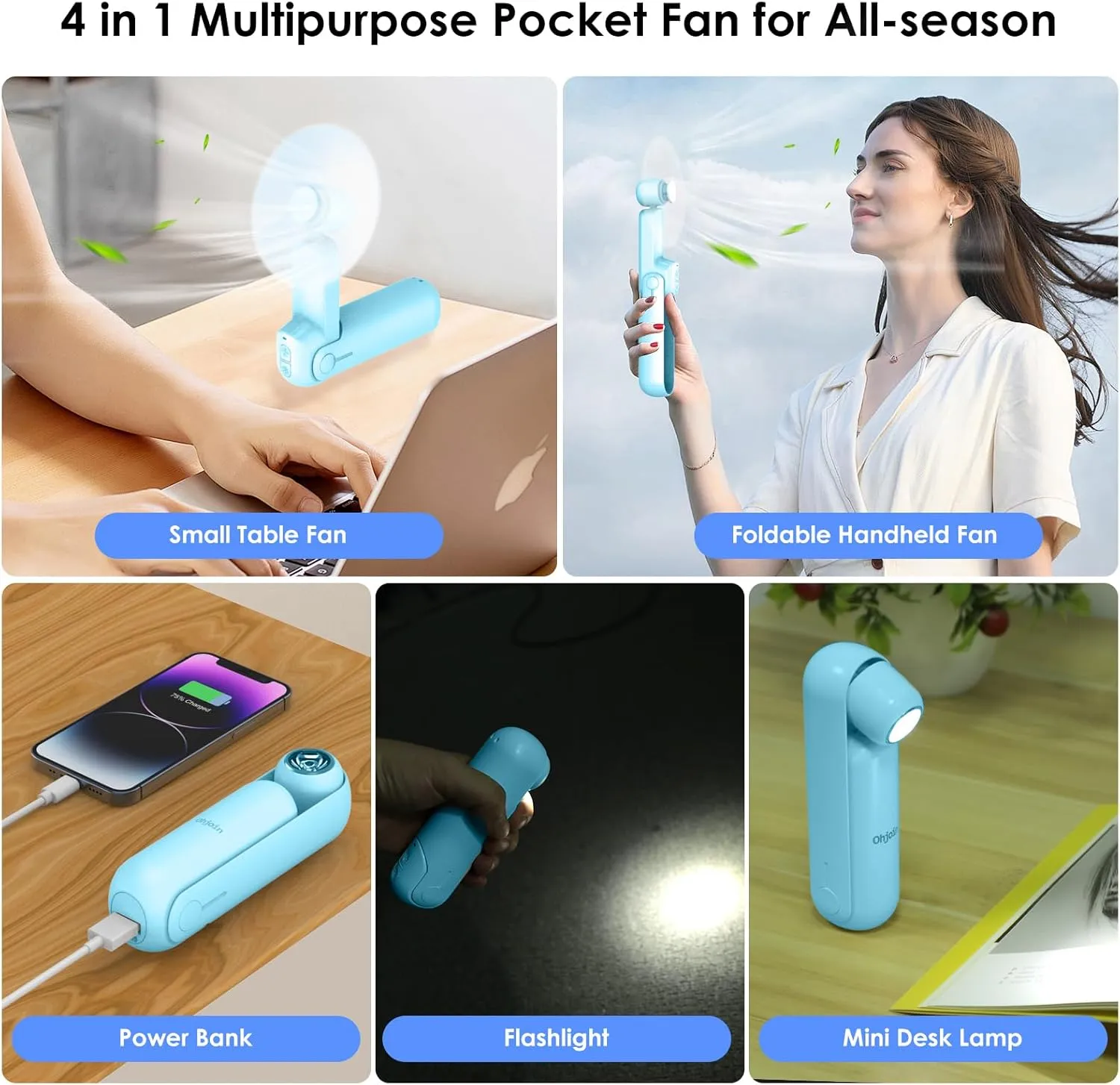 4 IN 1 Portable Mini Handheld Fan,Personal Foldable Pocket Travel Fan,Small Hand Fan for Face Lash,USB Rechargeable,Summer Concerts, Birthday Gifts for Women Mom (Light Blue)