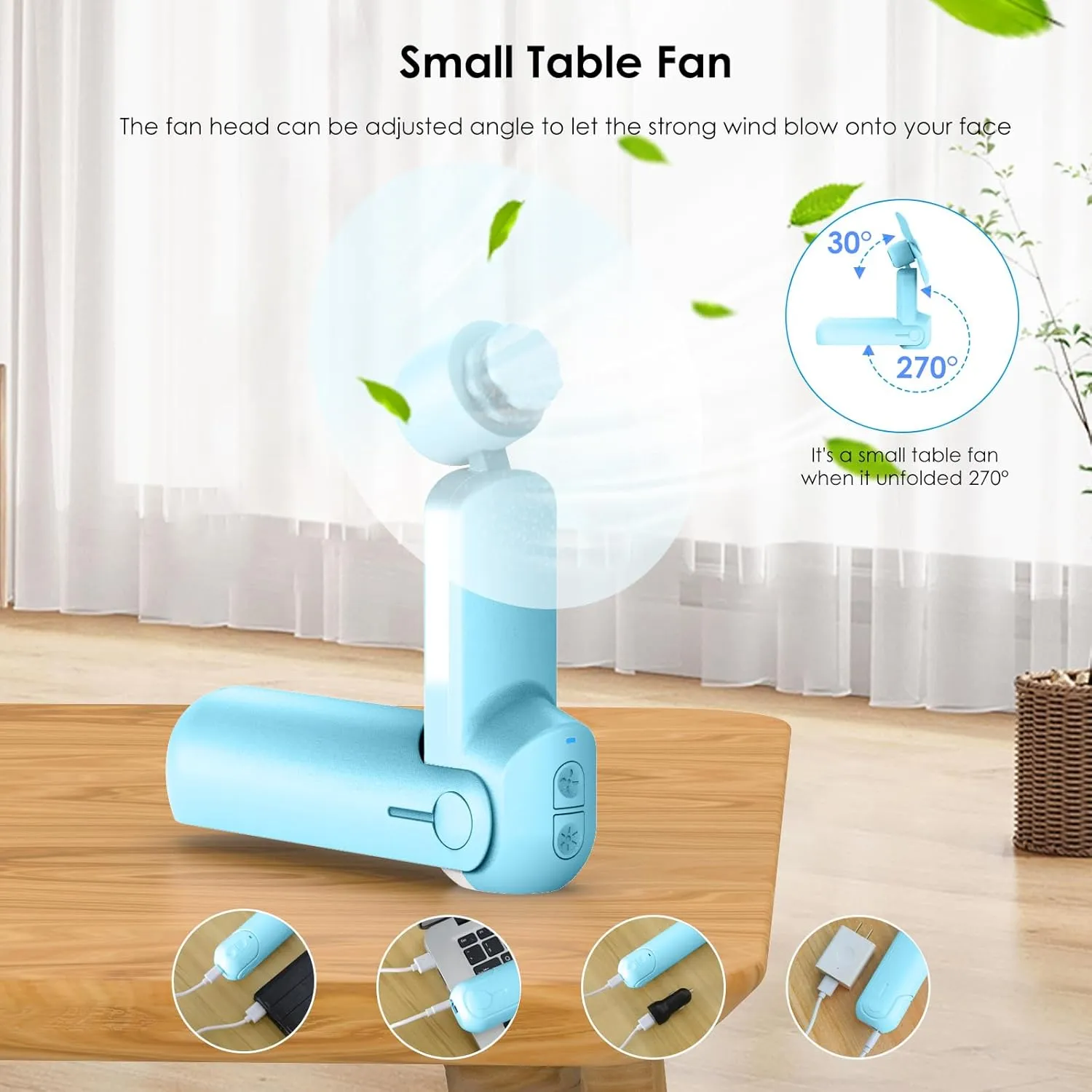4 IN 1 Portable Mini Handheld Fan,Personal Foldable Pocket Travel Fan,Small Hand Fan for Face Lash,USB Rechargeable,Summer Concerts, Birthday Gifts for Women Mom (Light Blue)