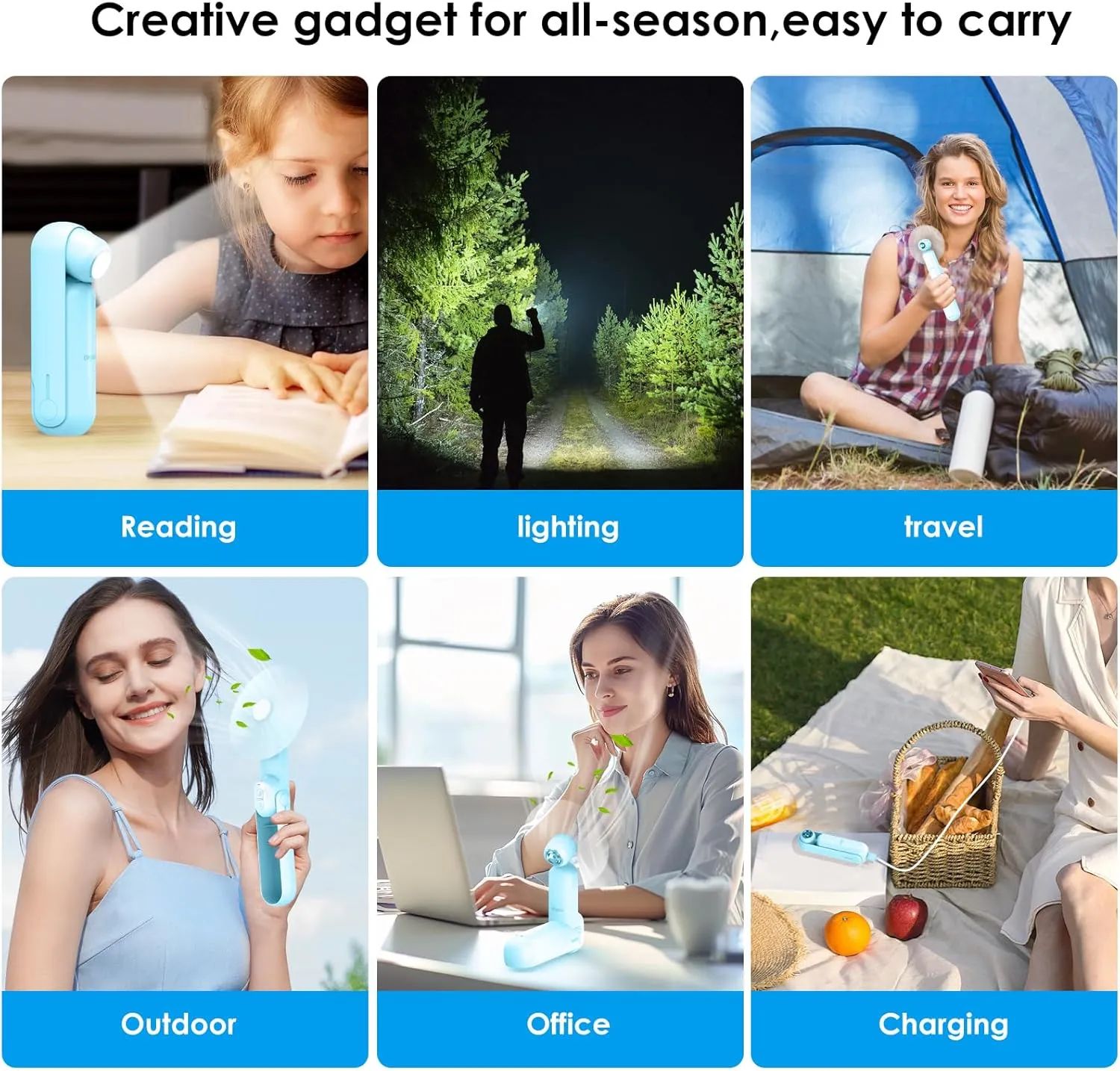 4 IN 1 Portable Mini Handheld Fan,Personal Foldable Pocket Travel Fan,Small Hand Fan for Face Lash,USB Rechargeable,Summer Concerts, Birthday Gifts for Women Mom (Light Blue)