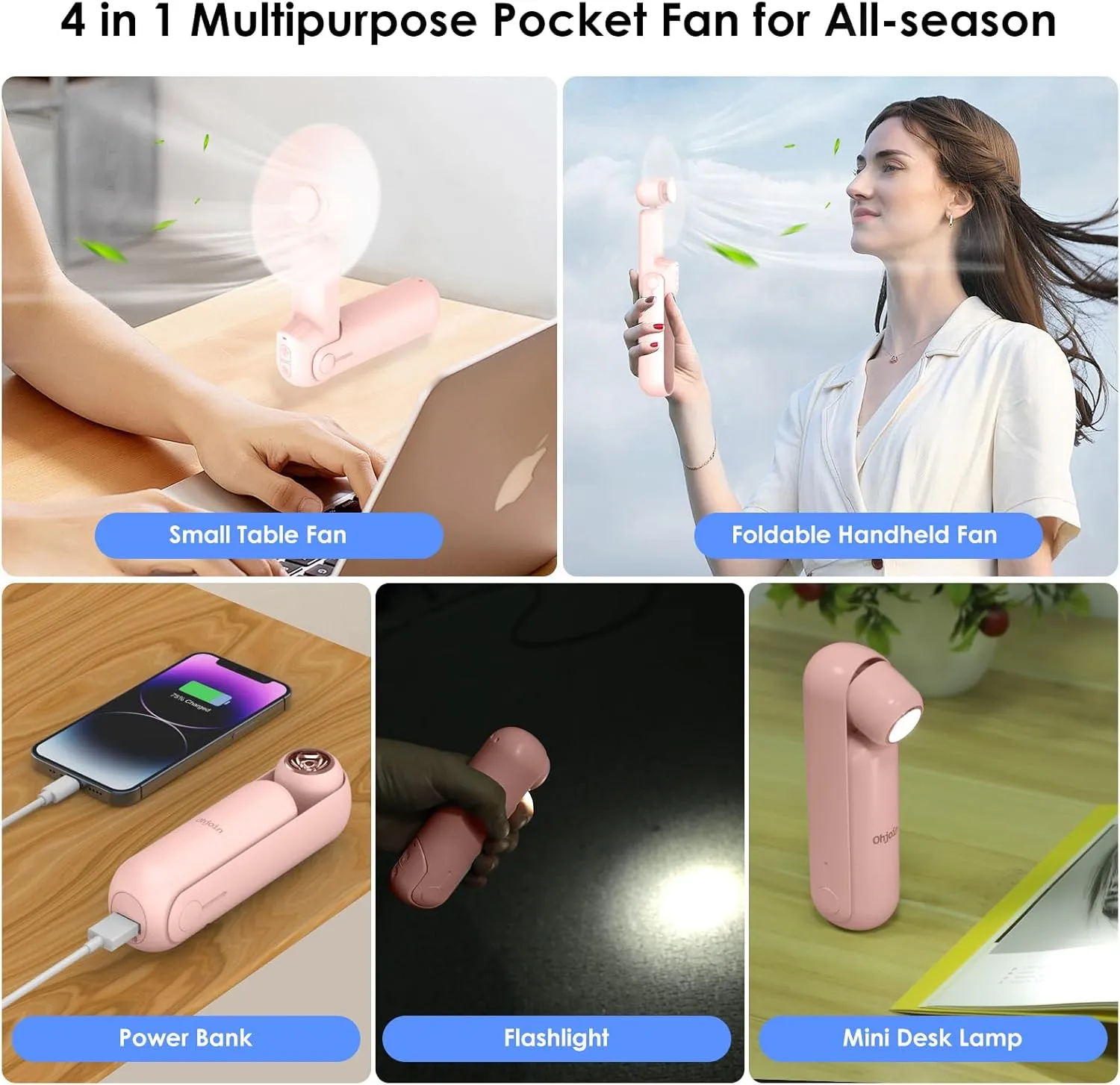 4 IN 1 Portable Mini Handheld Fan,Personal Foldable Pocket Travel Fan,Small Hand Fan for Face Lash,USB Rechargeable,Summer Concerts, Birthday Gifts for Women Mom (Pink)