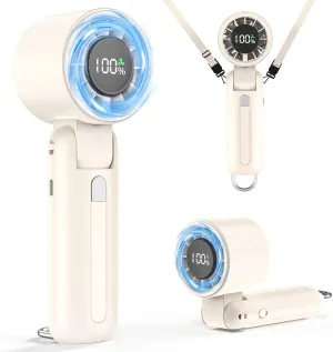 4 in 1 Turbo Handheld Fan - 100-Speed Adjustable, 160 Flexible Head, 5000mAh Battery, 7-Blade Cooling - Portable, Foldable & Carabiner Clip for Travel, Office, Camping (Beige) Battery-powered portable fan