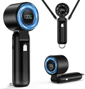 4 in 1 Turbo Handheld Fan - 100-Speed Adjustable, 160 Flexible Head, 5000mAh Battery, 7-Blade Cooling - Portable, Foldable & Carabiner Clip for Travel, Office, Camping (Black) Neck fan for hands-free comfort