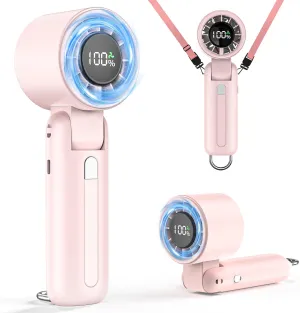 4 in 1 Turbo Handheld Fan - 100-Speed Adjustable, 160 Flexible Head, 5000mAh Battery, 7-Blade Cooling - Portable, Foldable & Carabiner Clip for Travel, Office, Camping (Pink) Battery-powered portable fan