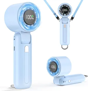 4 in 1 Turbo Handheld Fan - 100-Speed Adjustable, 160 Flexible Head, 5000mAh Battery, 7-Blade Cooling - Portable, Foldable & Carabiner Clip for Travel, Office, Camping (Sky blue) Battery-powered portable fan