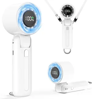 4 in 1 Turbo Handheld Fan - 100-Speed Adjustable, 160 Flexible Head, 5000mAh Battery, 7-Blade Cooling - Portable, Foldable & Carabiner Clip for Travel, Office, Camping (White) Battery-powered portable fan