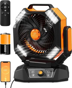 40000mAh Battery Operated Fan, Portable Camping Fan with 4 LED Lantern, 8 Speeds DeskFan with Remote, Portable Rechargeable Fans with Hook for Camping Tent, Power Outages 360-degree rotating fan for home use